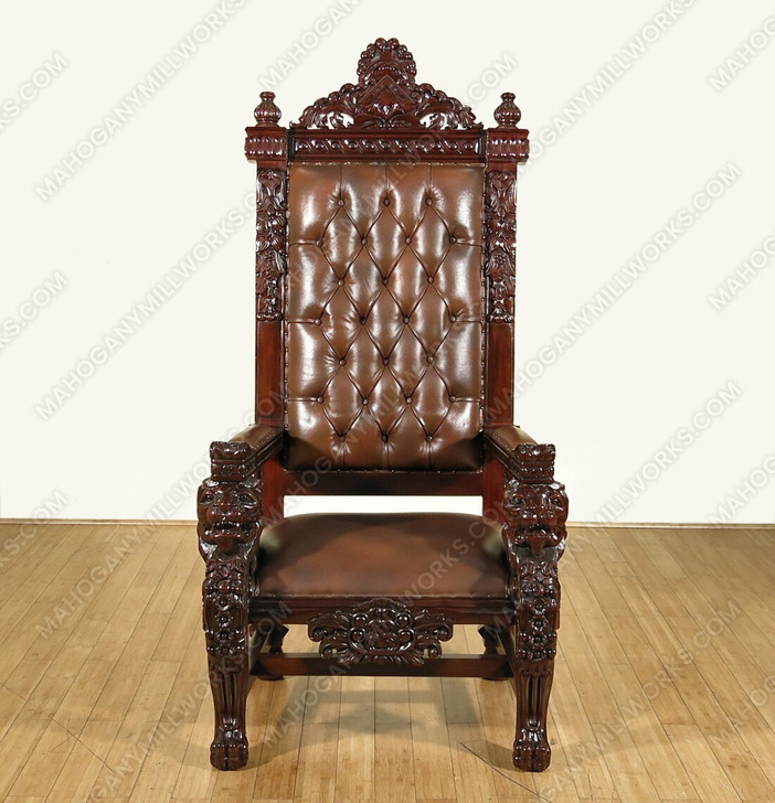 Dark Mahogany Tall Bishop's Mason Leather Gothic Throne Lion Arm Chair