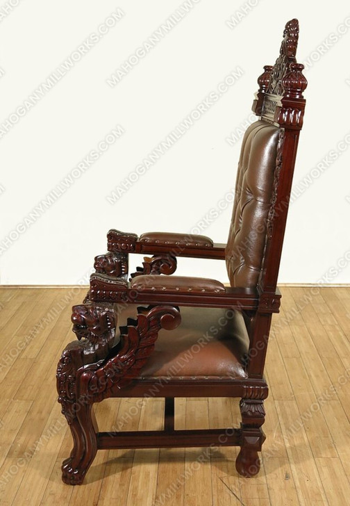 Dark Mahogany Small Bishop Mason Leather Gothic Throne Lion Arm Chair