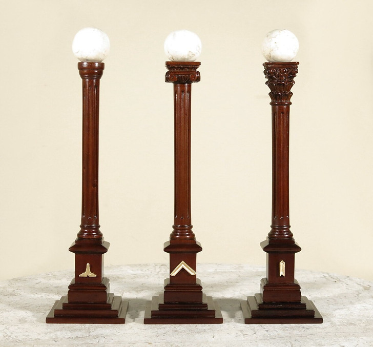 Set of 3 Dark Mahogany Carved Masonic Columns w/ Marble Spheres