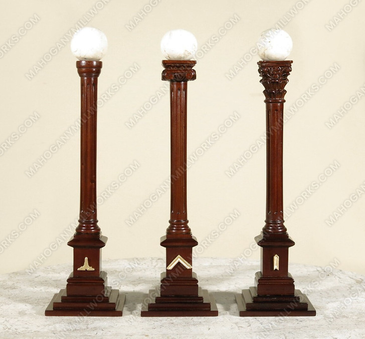 Set of 3 Dark Mahogany Carved Masonic Columns w/ Marble Spheres