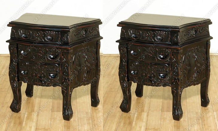Black Distressed Rococo Carved Nightstands (2)
