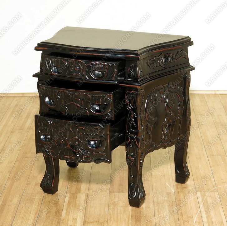 Black Distressed Rococo Carved Nightstands (2)