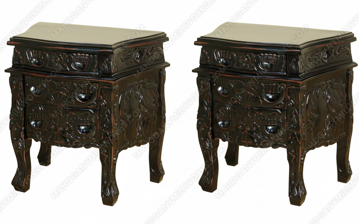 Black Distressed Rococo Carved Nightstands (2)