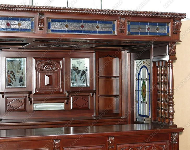 Dark Mahogany Canopy Pub Bar w leaded Stained Glass Doors