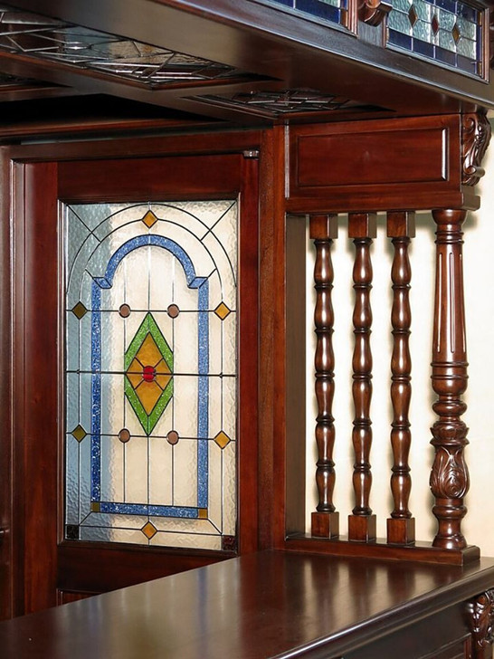 8.5ft Dark Mahogany Canopy Pub Bar w leaded Stained Glass Doors