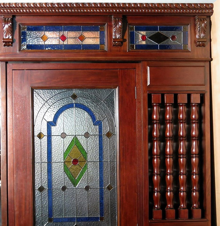 8.5ft Dark Mahogany Canopy Pub Bar w leaded Stained Glass Doors