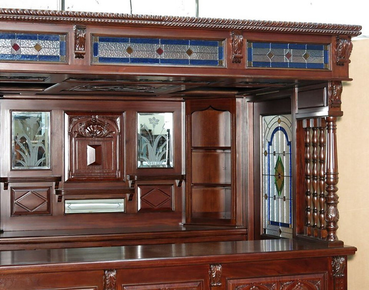 8.5ft Dark Mahogany Canopy Pub Bar w leaded Stained Glass Doors