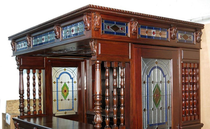 8.5ft Dark Mahogany Canopy Pub Bar w leaded Stained Glass Doors