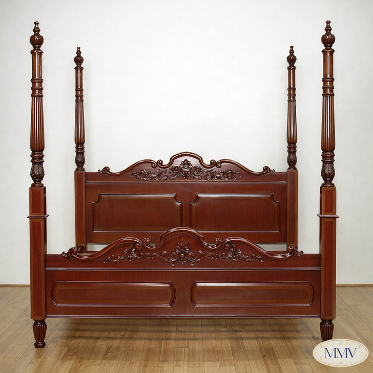 Cherry Louis Style Inlaid Four Post Bed