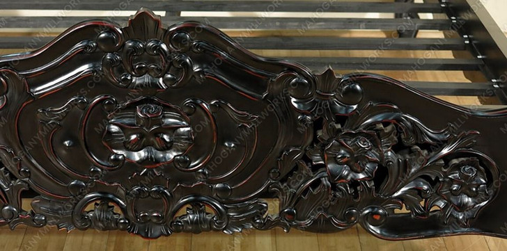 Black Distressed French Rococo Carved Panel Bed