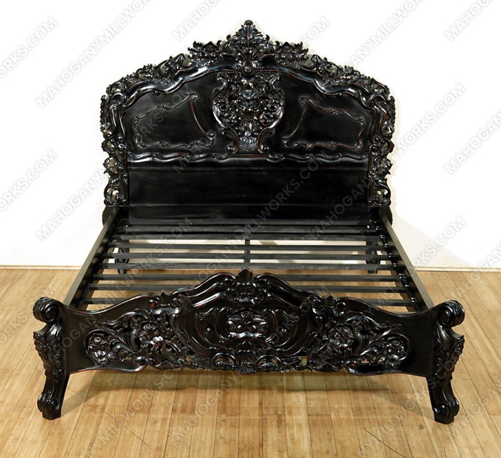 Black Distressed French Rococo Carved Panel Bed
