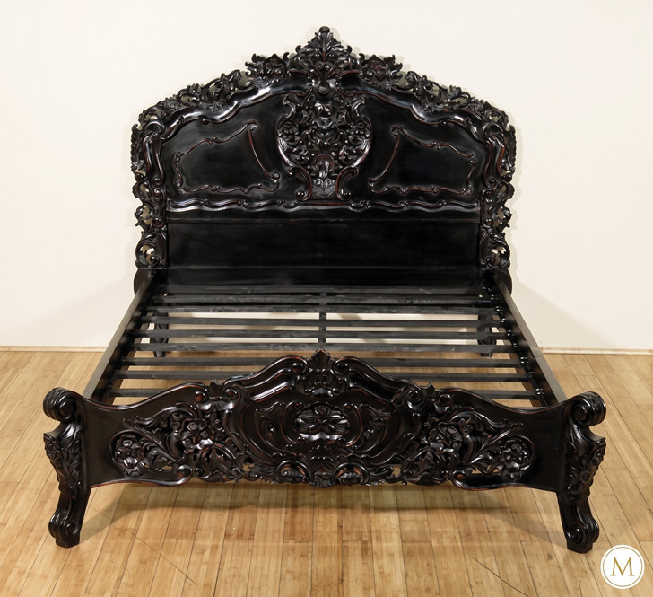 Black Distressed French Rococo Carved Panel Bed