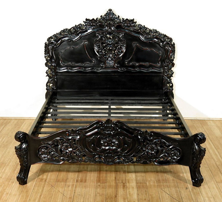 Black Distressed French Rococo Carved Panel Bed