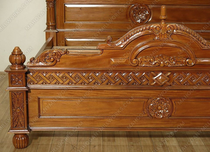 Hand-Carved Light Mahogany Renaissance Revival Bed with Decorative Mask Carvings