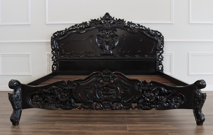 Black Distressed French Rococo Panel Bed w/ Satin Finish