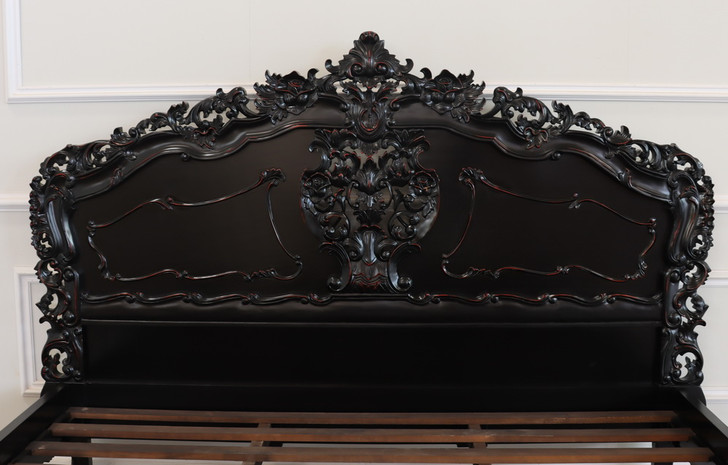Black Distressed French Rococo Panel Bed w/ Satin Finish