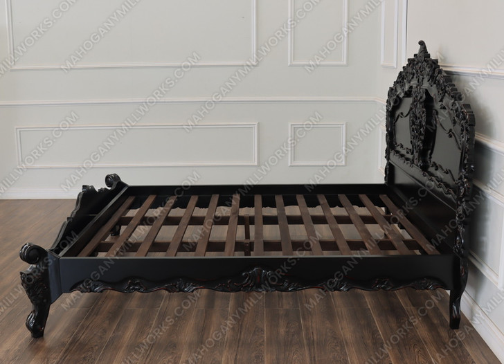 Black Distressed French Rococo Panel Bed w/ Satin Finish