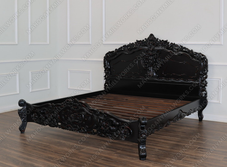 Black Distressed French Rococo Panel Bed w/ Satin Finish