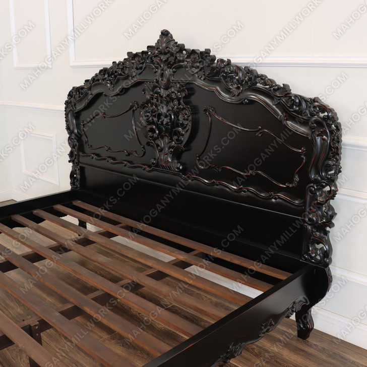 Black Distressed French Rococo Panel Bed w/ Satin Finish