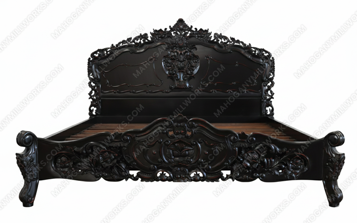 Black Distressed French Rococo Panel Bed w/ Satin Finish