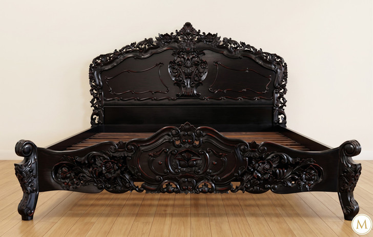 Black Distressed French Rococo Panel Bed w/ Satin Finish