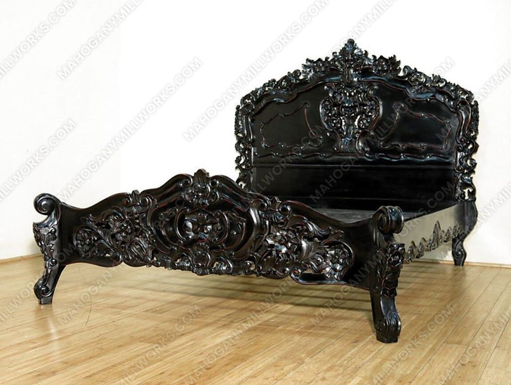 3pc Black Distressed French Rococo Carved Panel Bed