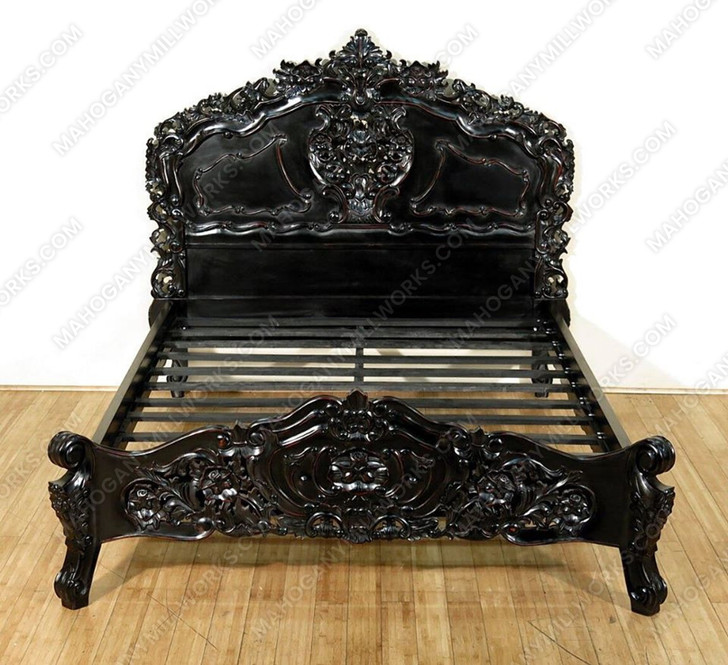 3pc Black Distressed French Rococo Carved Panel Bed