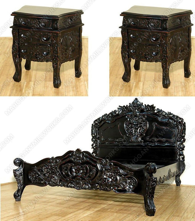 3pc Black Distressed French Rococo Carved Panel Bed