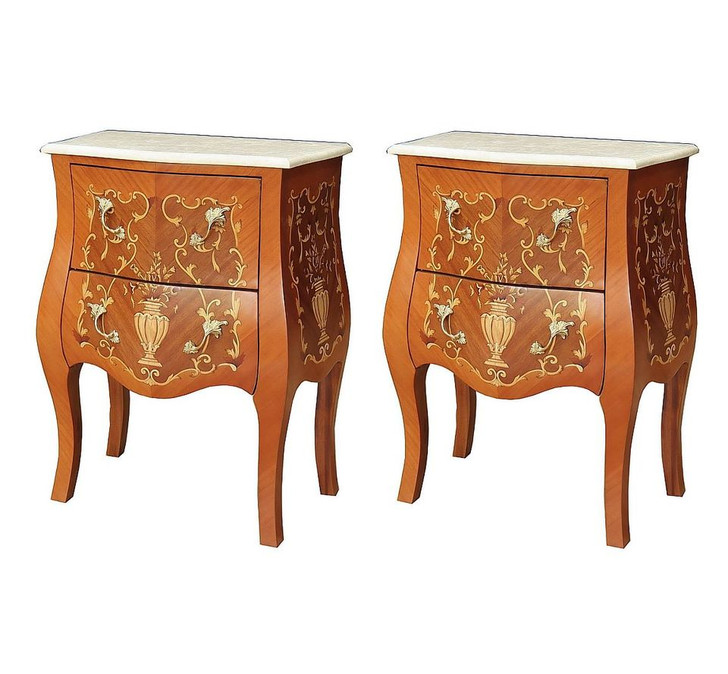 Pair of 2 Inlaid Mahogany Nightstand Chest Bedside Table w/ Marble Top