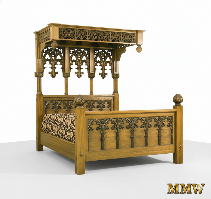 Gothic Revival Hand-Carved Canopy Bed