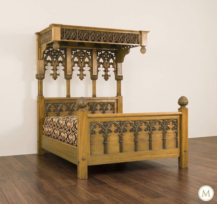 Hand-Carved Gothic Quarter Canopy Bed with Tracery Panels