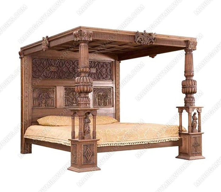 Solid Mahogany Heavily Carved Ornate Poster Canopy E King Bed