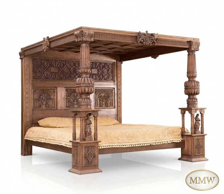 Heavily Ornate Carved Four Post Canopy Bed