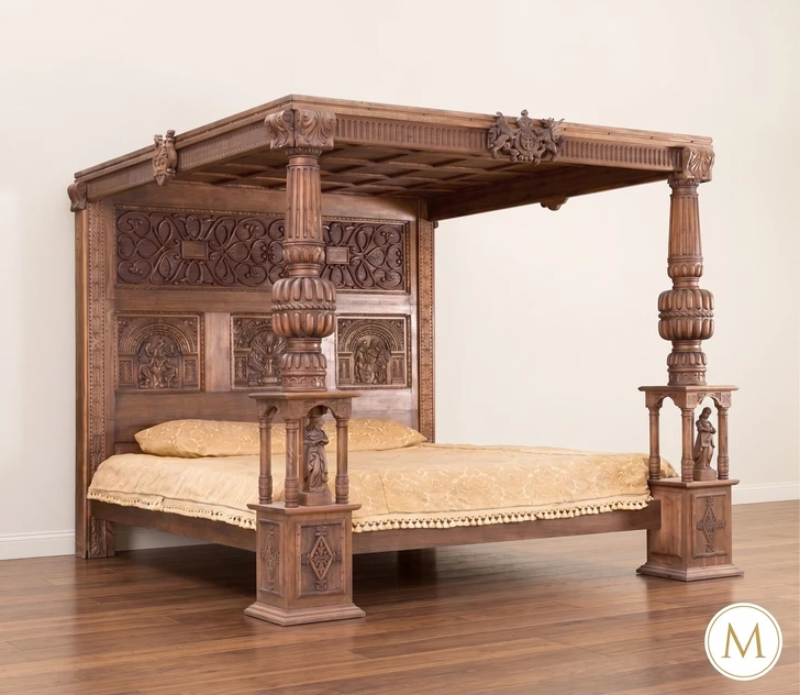 Heavily Ornate Carved Four Post Canopy Bed