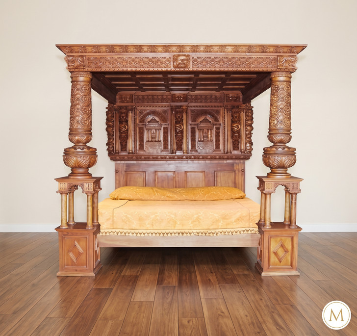 Solid Mahogany Heavily Carved Ornate Poster Canopy Bed w/ Columns