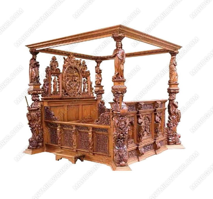 Custom Mahogany Heavily Ornate Carved Statues Canopy Bed