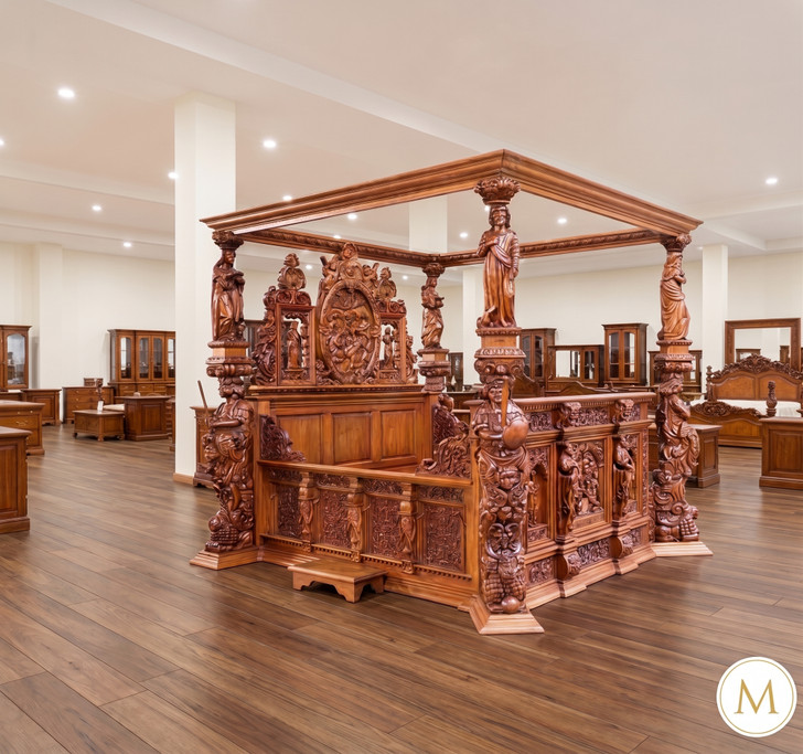 Mahogany Heavily Ornate Carved Statues Canopy Bed