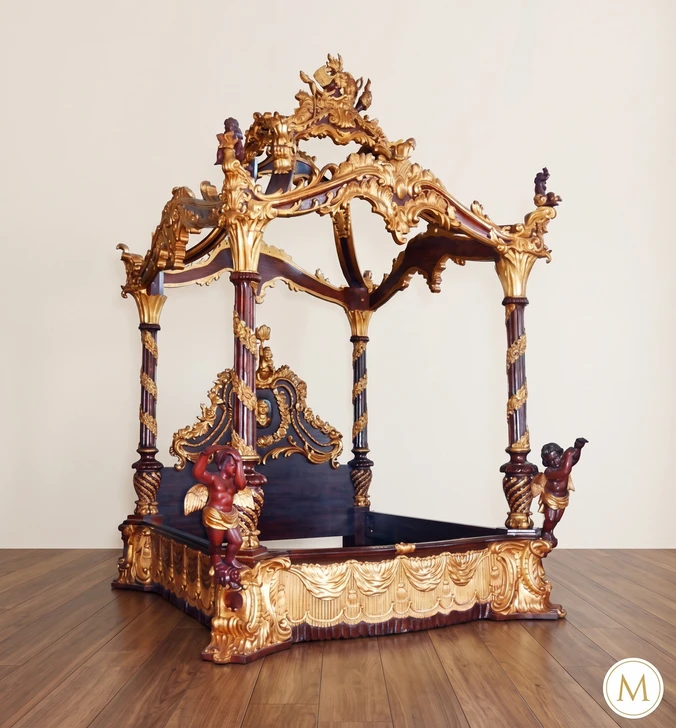 Heaven's Gate Ornate Carved Four Post Canopy Bed w/ Cherubs