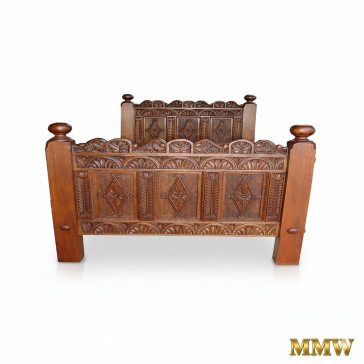 Spanish Colonial Hand-Carved Rustic Bed
