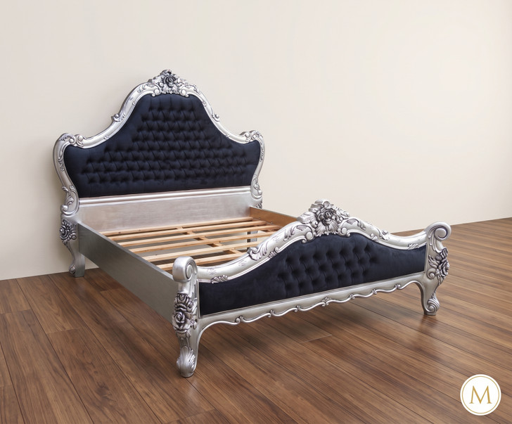 Royal Blue Rococo Button Tufted Bed