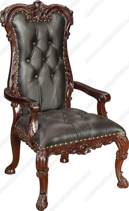 Solid Mahogany Rococo Black Leather Arm Chair