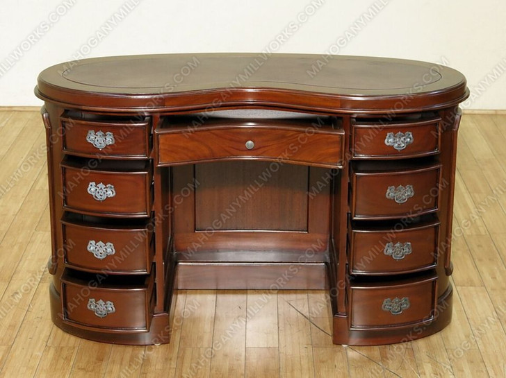 Solid Mahogany Kidney Peanut Executive Office Desk w/ Burgundy Leather