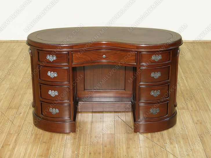 Mahogany Kidney Shape Office Desk w/ Burgundy Leather