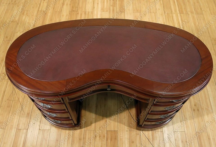 Mahogany Kidney Shape Office Desk w/ Burgundy Leather