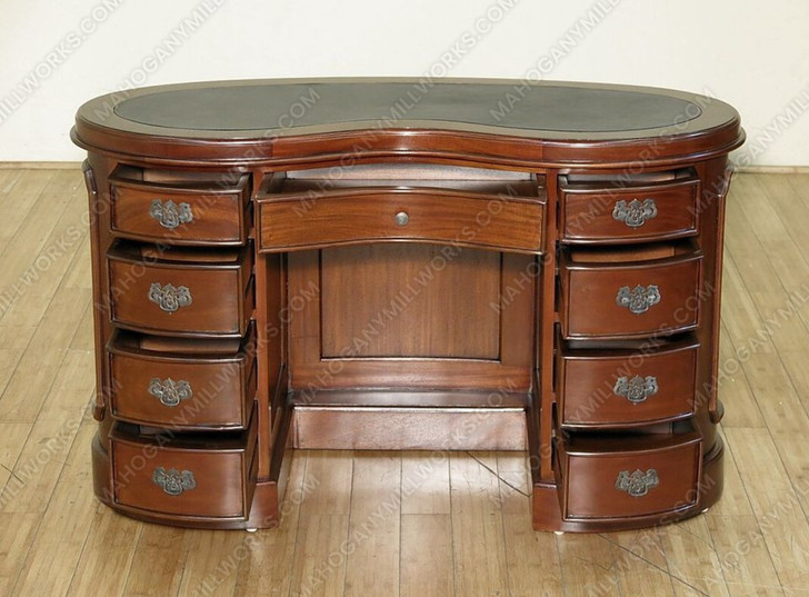 Solid Mahogany Kidney Peanut Executive Office Desk w/ Black Leather