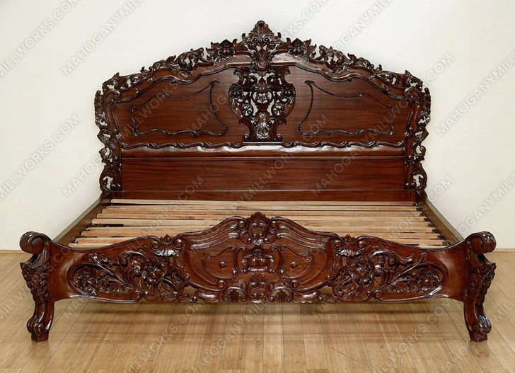 Dark Walnut Hand-carved French Rococo Panel Bed