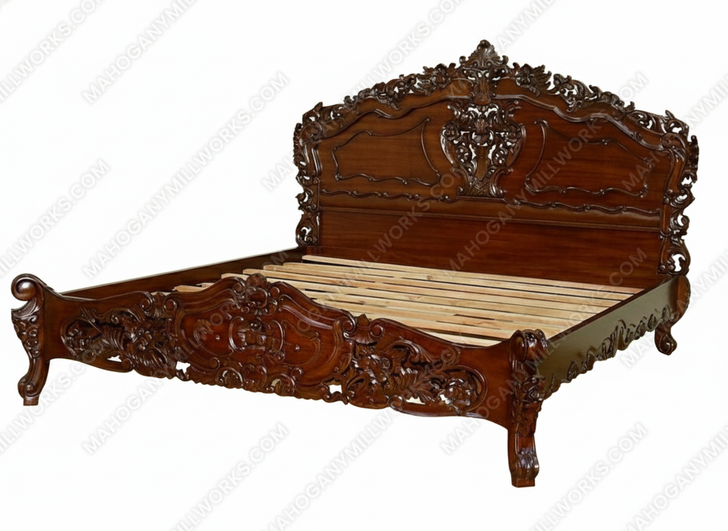 Dark Walnut Hand-carved French Rococo Panel Bed