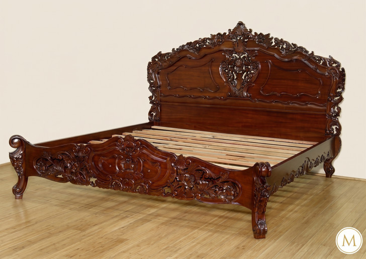 Dark Walnut Hand-carved French Rococo Panel Bed
