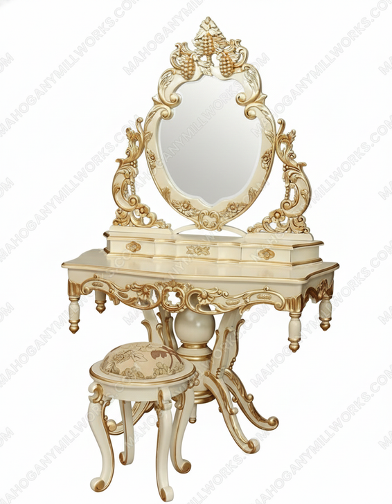 Cream & Gold French Rococo Make-up Vanity w/ Stool