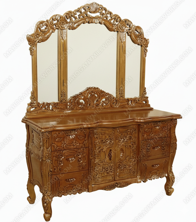 Light Mahogany French Rococo Vanity Mirror Dresser